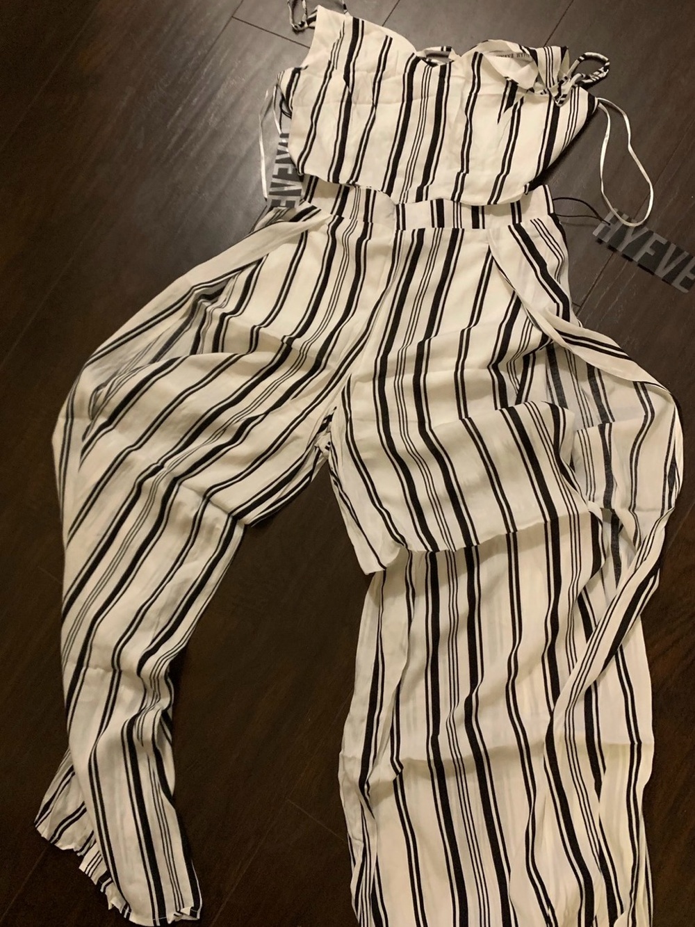 Striped White & Black Wide-Leg Pant Set